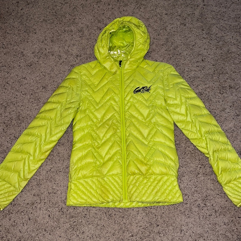 Electric Yoga Good Ride Women’s Neon Yellow Down Jacket w/ Hood Size Small